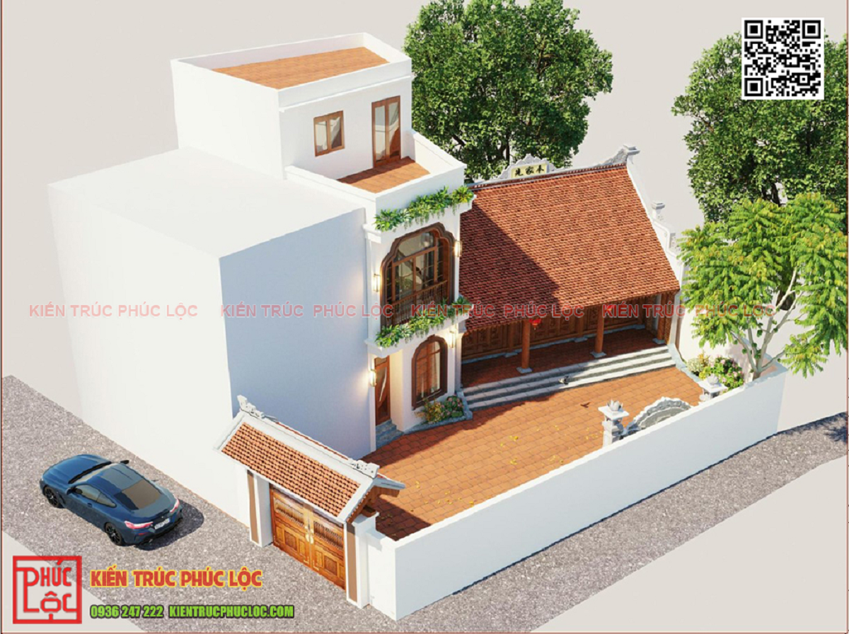 Mẫu thiết kế nhà gỗ 3 gian kết hợp nhà ngang 2 tầng hiện đại